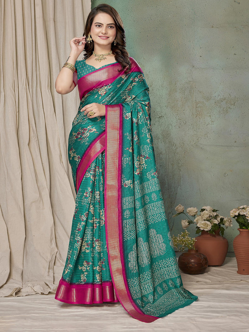 Navy & Rani Pink Raw Silk Saree | BUY 1 GET 1 FREE