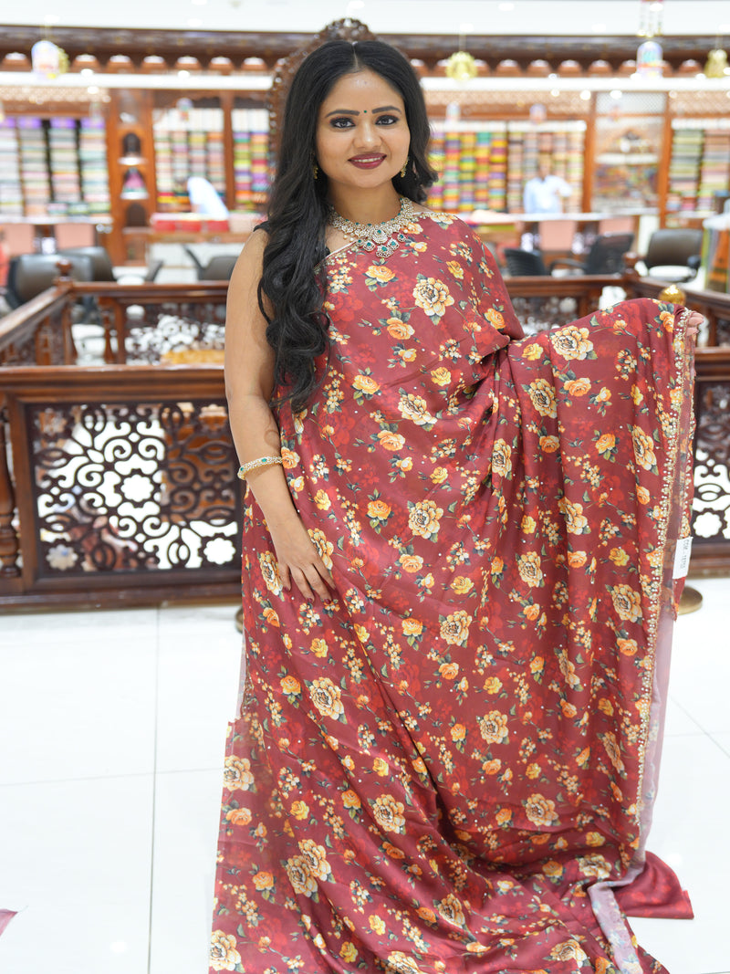 CSM-18752 | Maroon Satin Crepe Floral Digital Print Saree