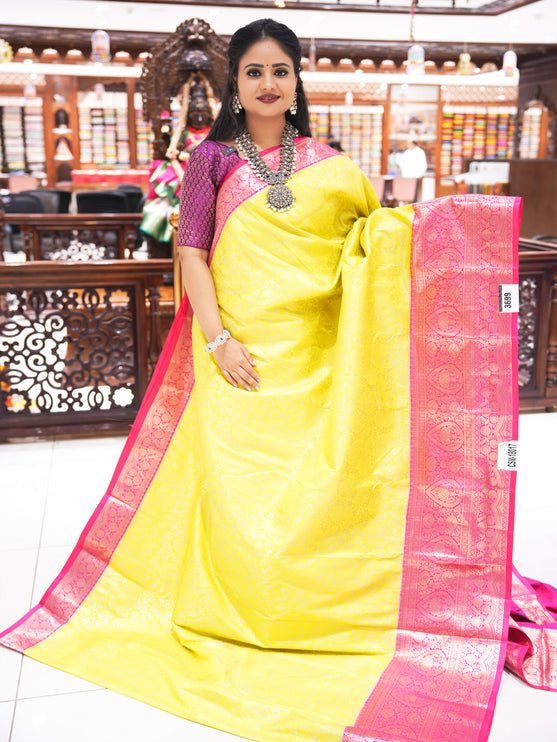 CSM-18017 | Lemon Yellow & Pink Kanchi Pattu Saree With