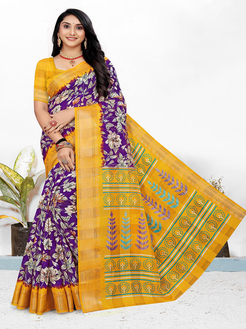 Violet & Mustard Raw Silk Saree | BUY 1 GET 1 FREE