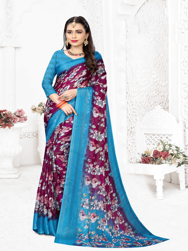 Wine & Tiffany Blue Chiffon Saree  | BUY 1 GET 1 FREE