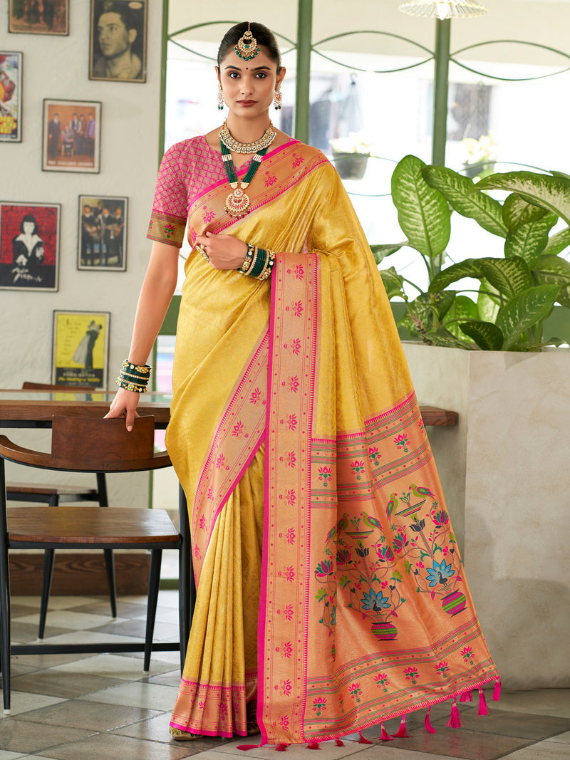 Yellow & Rose Pink Banaras Tissue saree