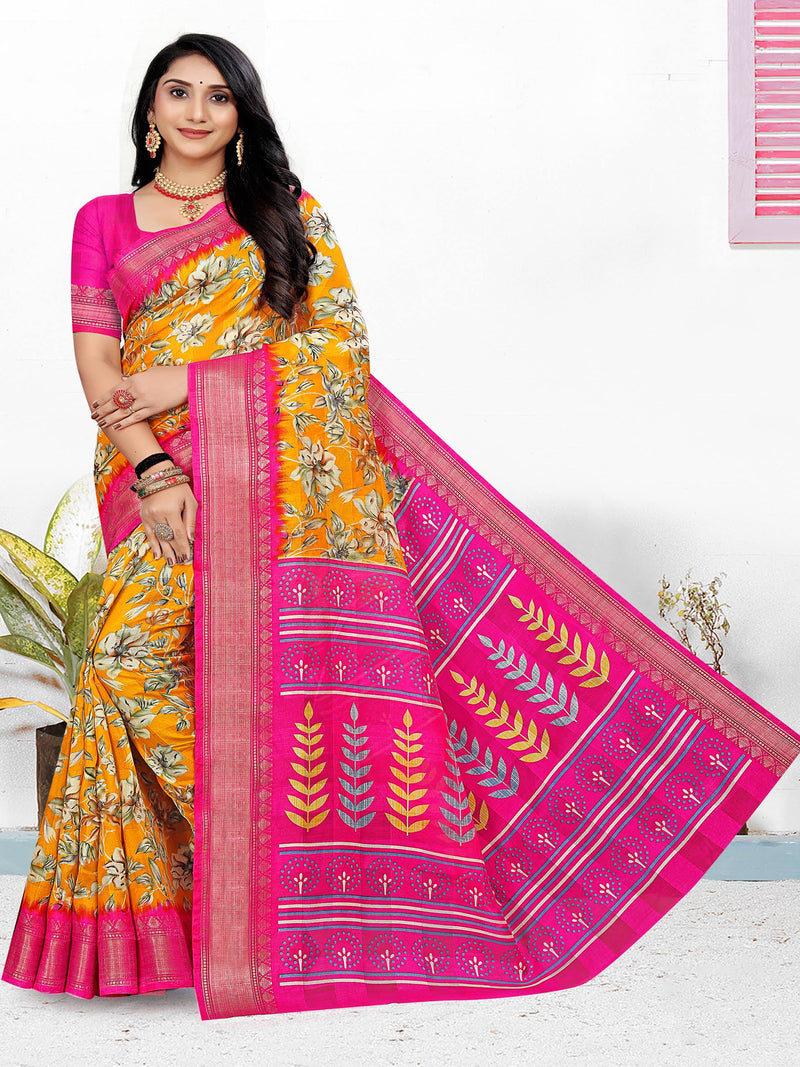 Violet & Mustard Raw Silk Saree | BUY 1 GET 1 FREE