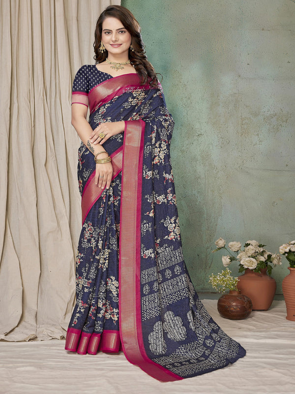 Navy & Rani Pink Raw Silk Saree | BUY 1 GET 1 FREE