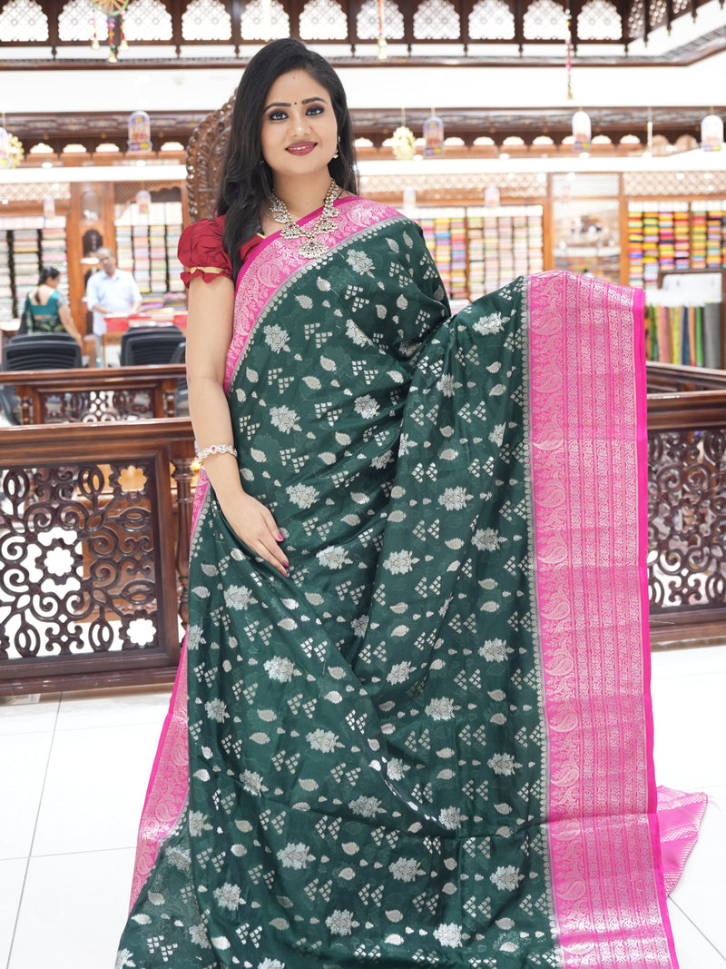 CSM-17855 | Bottle Green & Pink  Soft Silk Saree