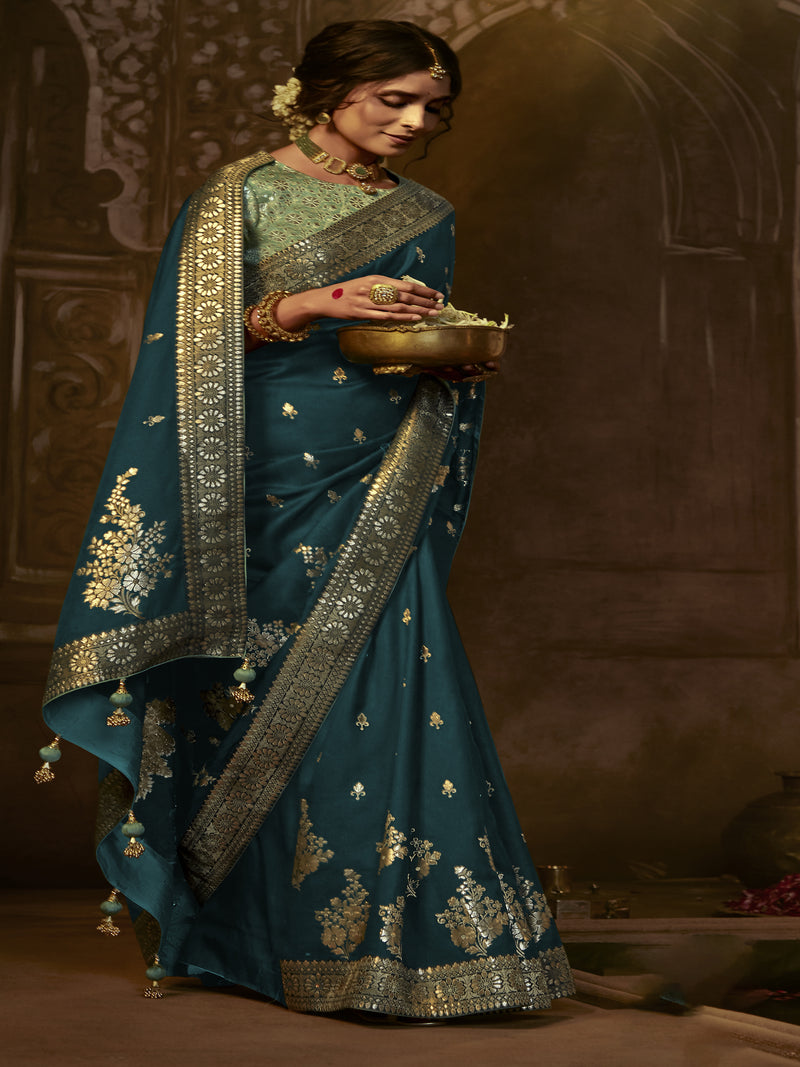 Peacock Blue Soft Banaras Silk Saree