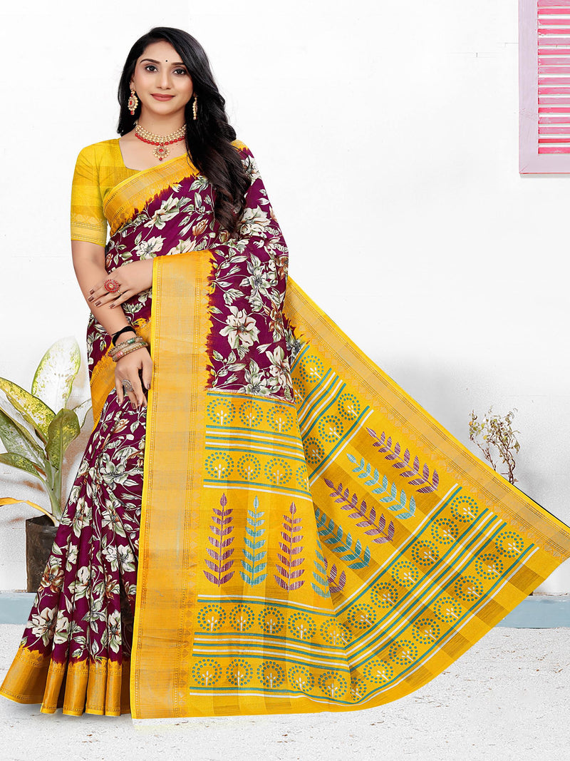 Violet & Mustard Raw Silk Saree | BUY 1 GET 1 FREE