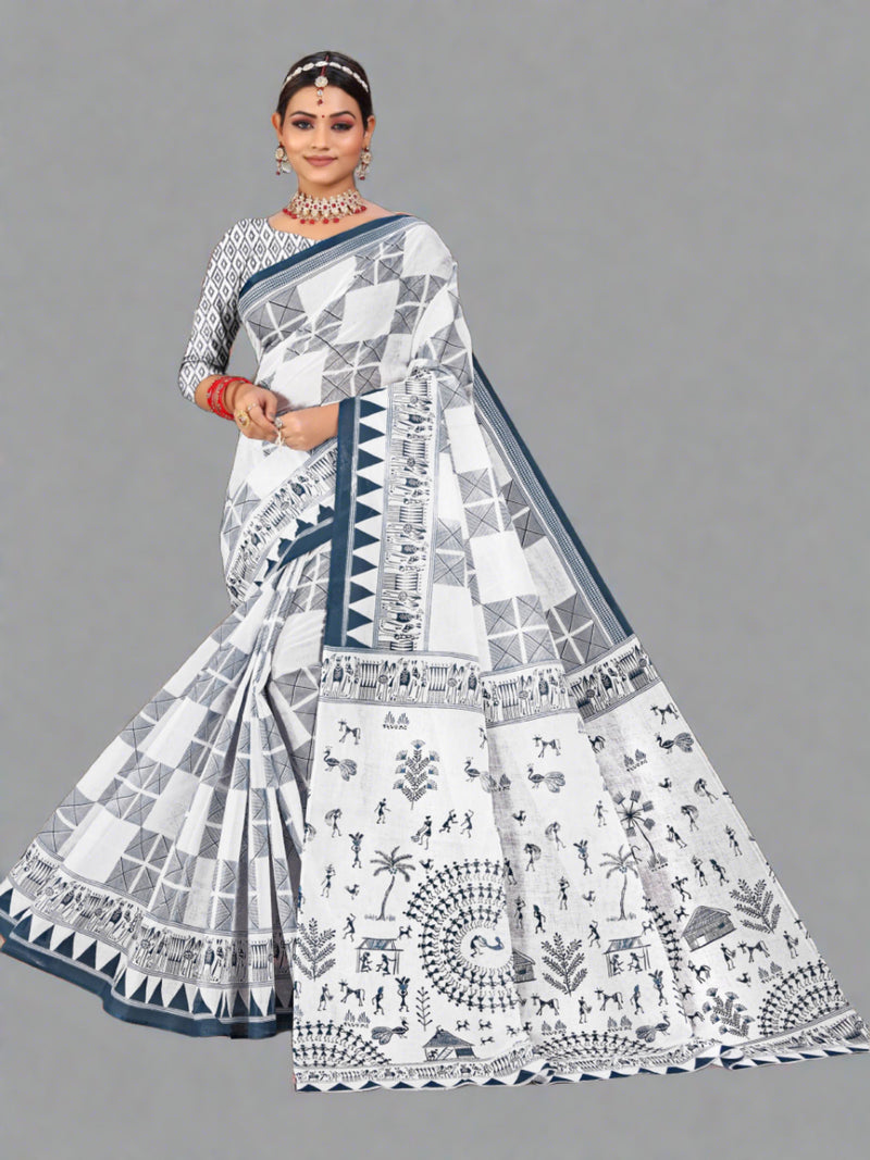 White & Teal Cotton Saree