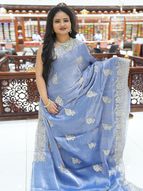 CSM-18747 | Greyish Blue Glass Tissue Saree