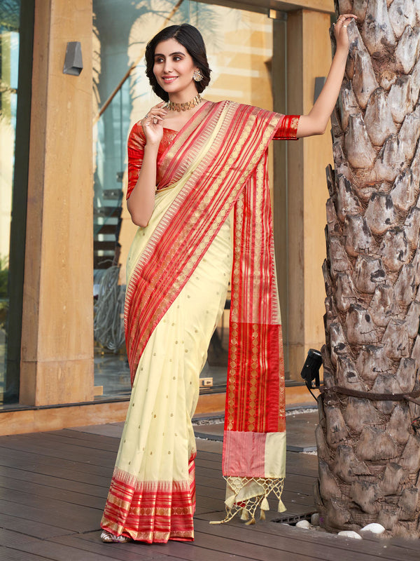 Cream & Red Soft Banaras Silk Saree