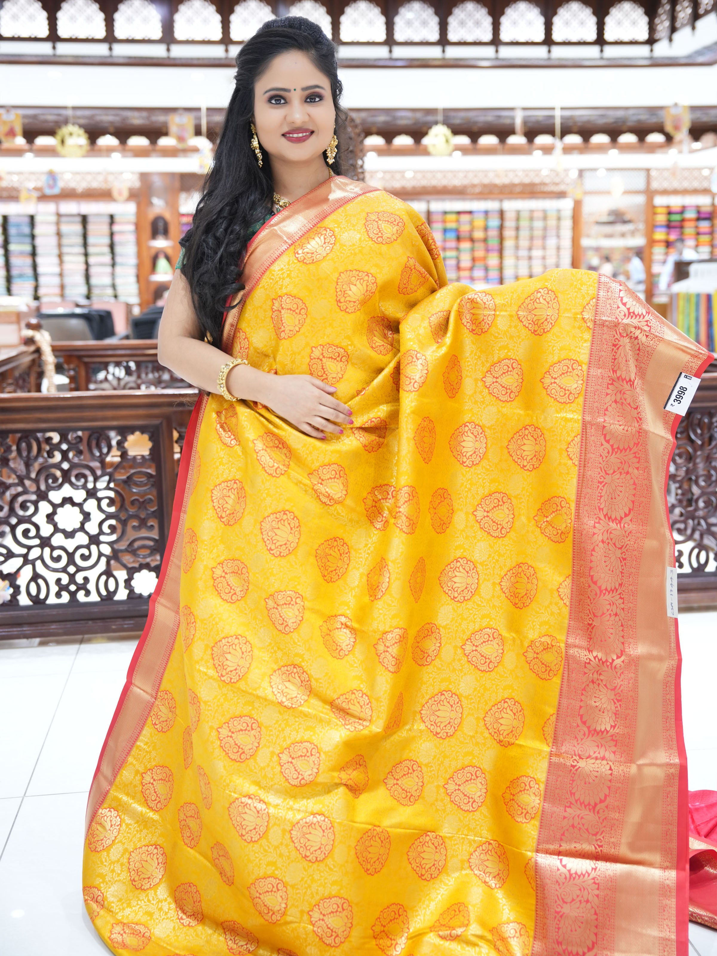 CSM-17443 | Mustard & Red Kanchi Kalakshetra pattu Saree