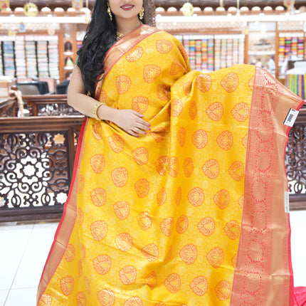 CSM-17443 | Mustard & Red Kanchi Kalakshetra pattu Saree