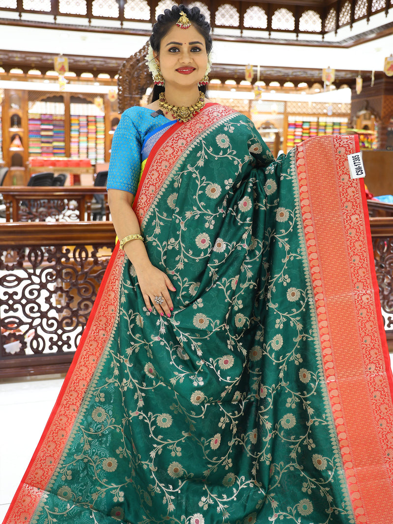 CSM-17385 | Bottle Green & Red Chiniya Pattu Saree