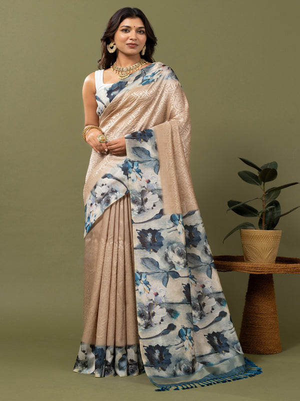 Tan & Peacock Blue Jute Silk Saree