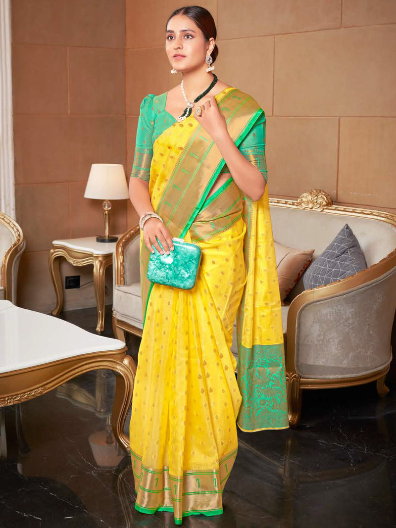 Light Yellow & Seagreen  Saree With Allover Golden Zari Weaving Small Flower Buttas & Digital Floral Print