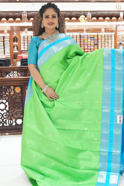 CSM-17765 | Green & Tiffany Blue Pure Kanchi Pattu Saree