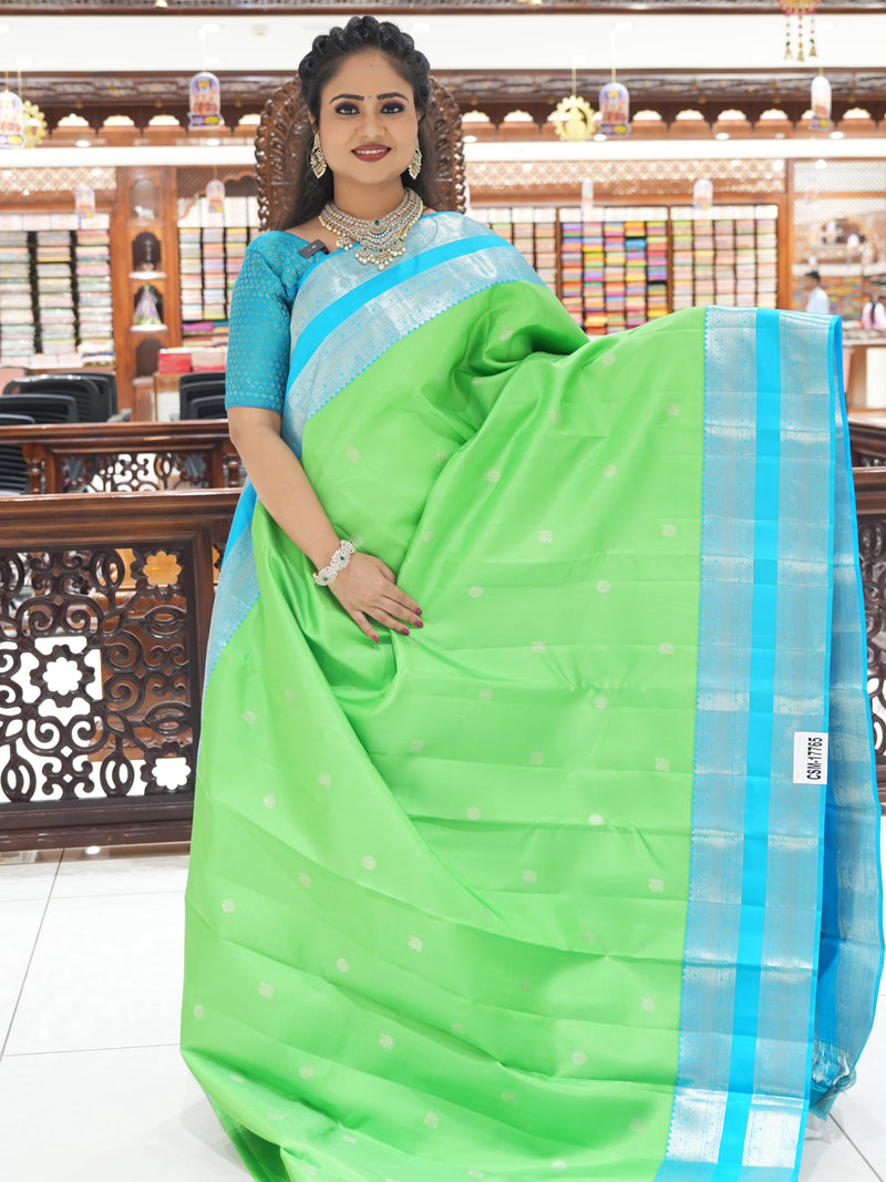 CSM-17765 | Green & Tiffany Blue Pure Kanchi Pattu Saree