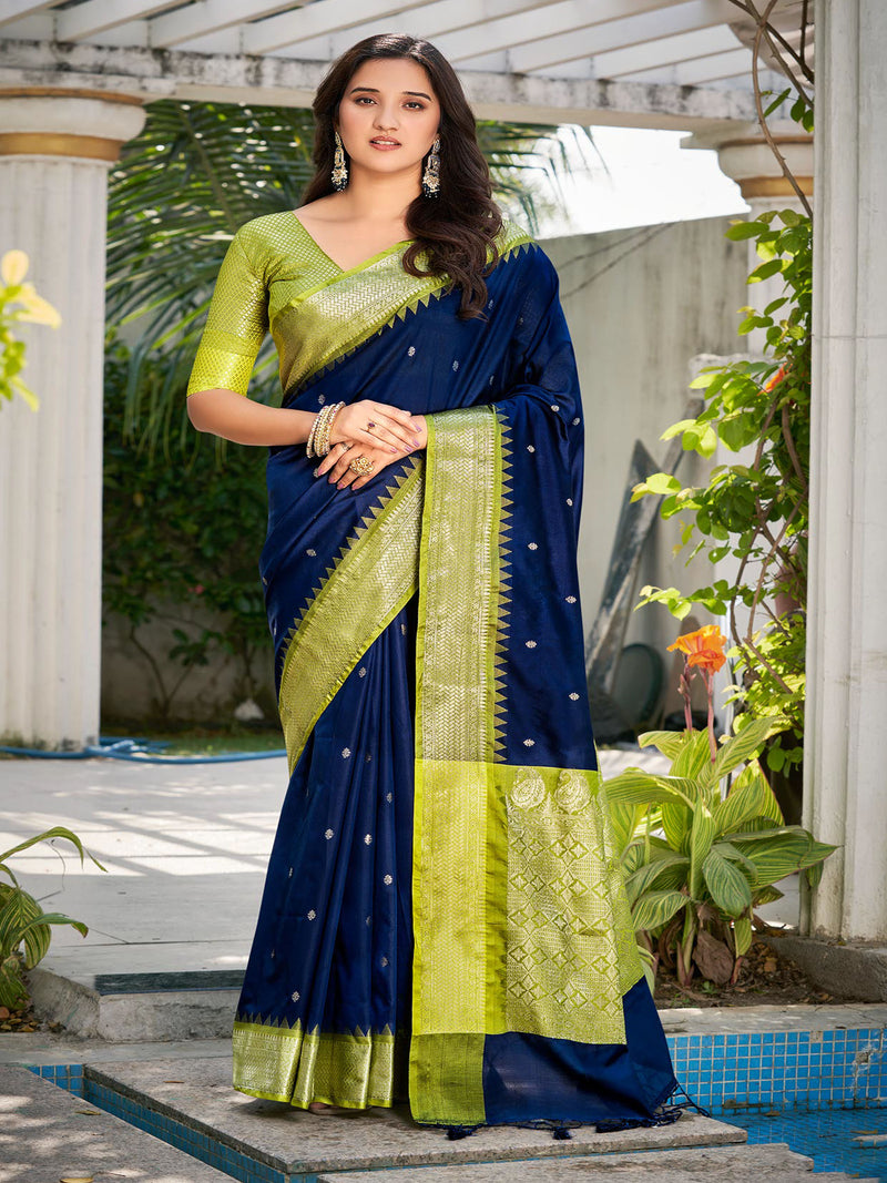 Navy & Mehandi Green Soft Banaras Silk Saree
