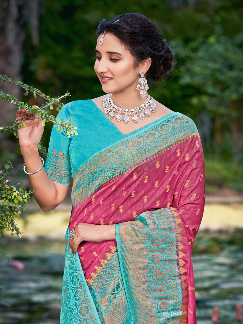 Onion Pink & Turquoise Blue Banaras Silk Saree