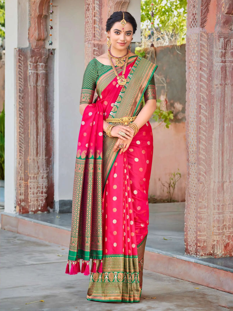 Pink & Green Kathan Silk Saree With Allover Silver & Golden Zari Weaving Circle Flower Buttas