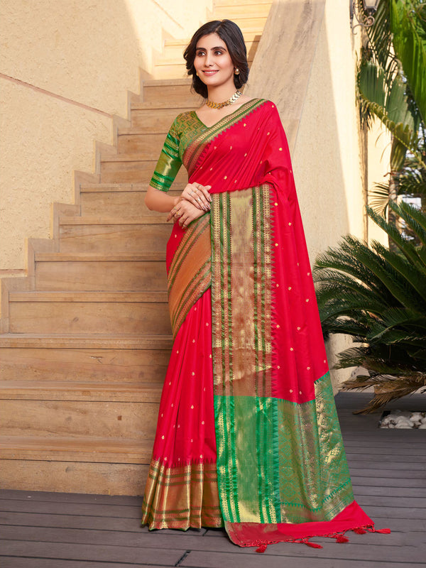 Red & Green Soft Silk Saree