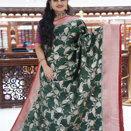 CSM-17631 | BOTTLE GREEN & RED  Munga Silk  Saree