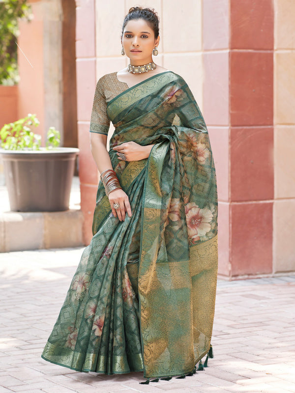 Mint Green Banaras Satin Saree