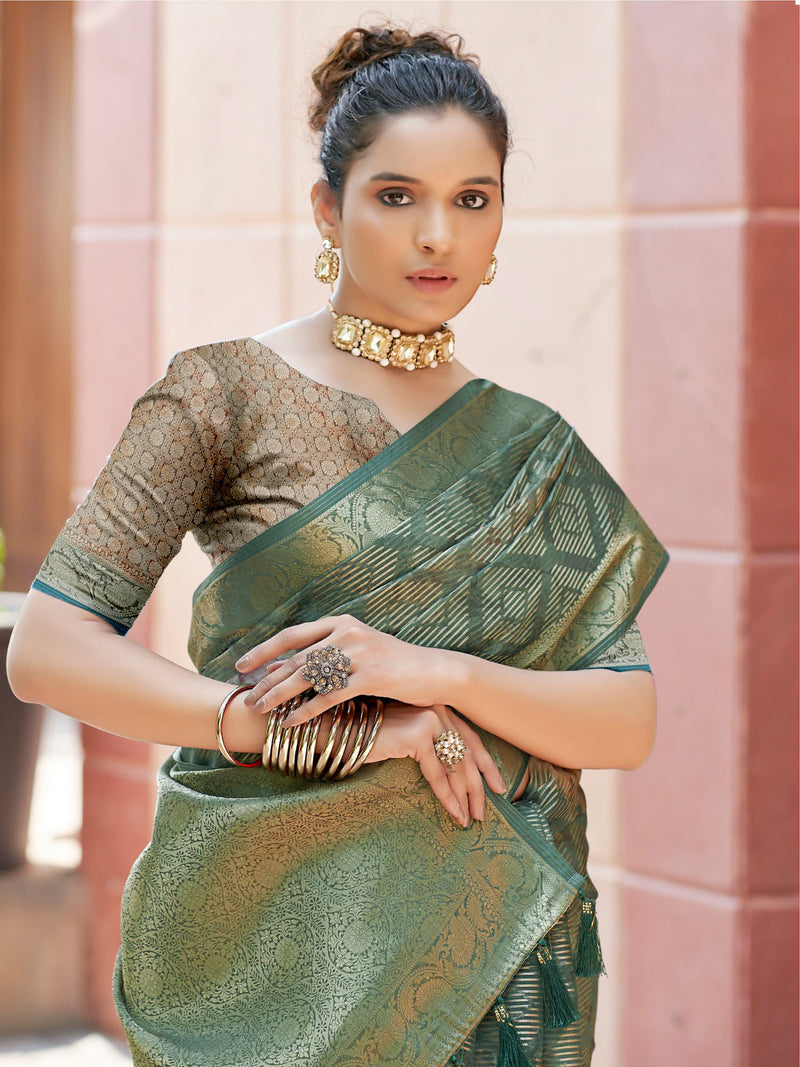 Mint Green Banaras Satin Saree