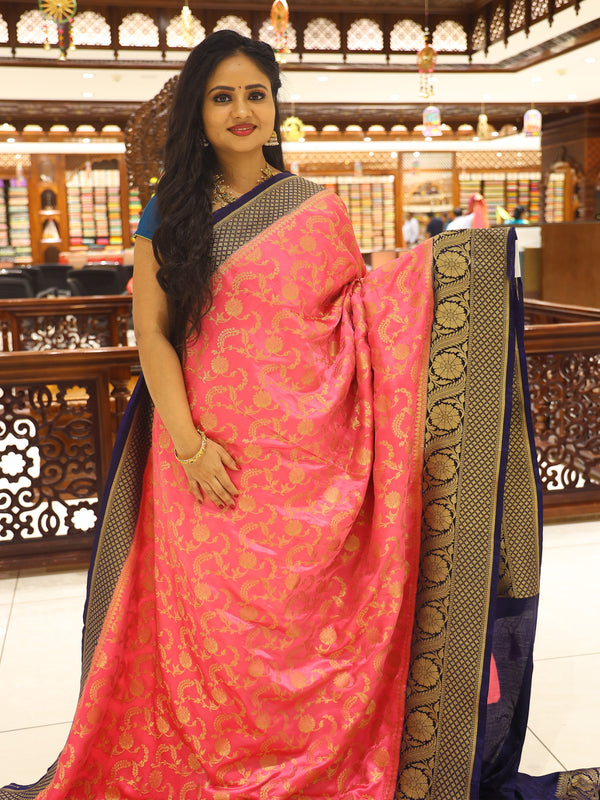 CSM-18549 | Baby Pink & Navy Banaras Soft Silk Saree