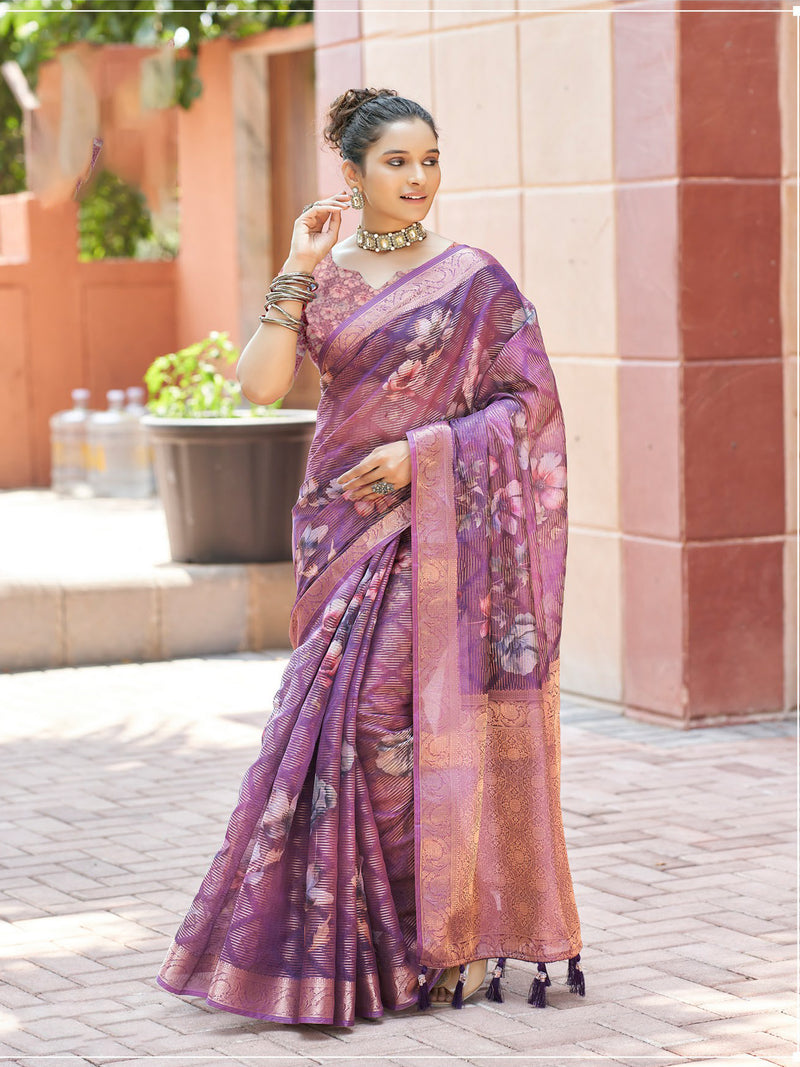 Purple Banaras Satin Saree