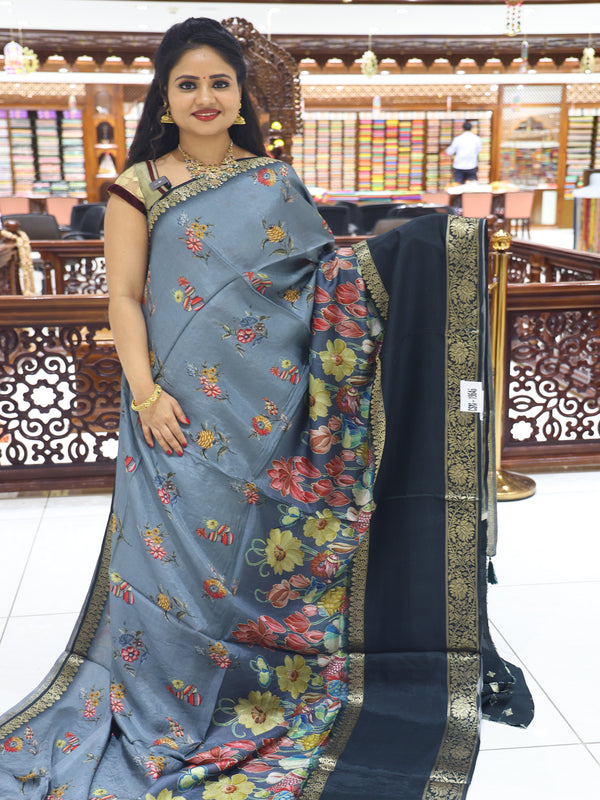 CSM-18646 | Grey & Bottle Green Floral Printed Soft Georgette Saree