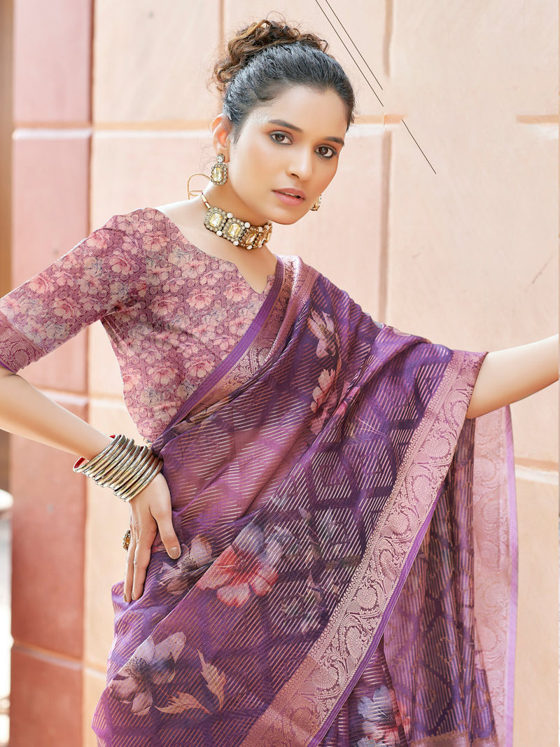 Purple Banaras Satin Saree