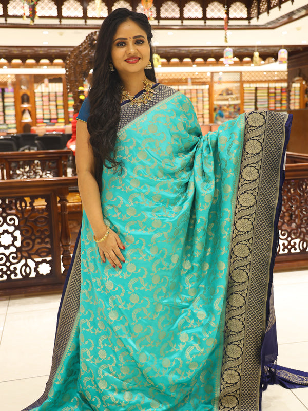 CSM-18547 | Sea Green & Navy Banaras Soft Silk Saree