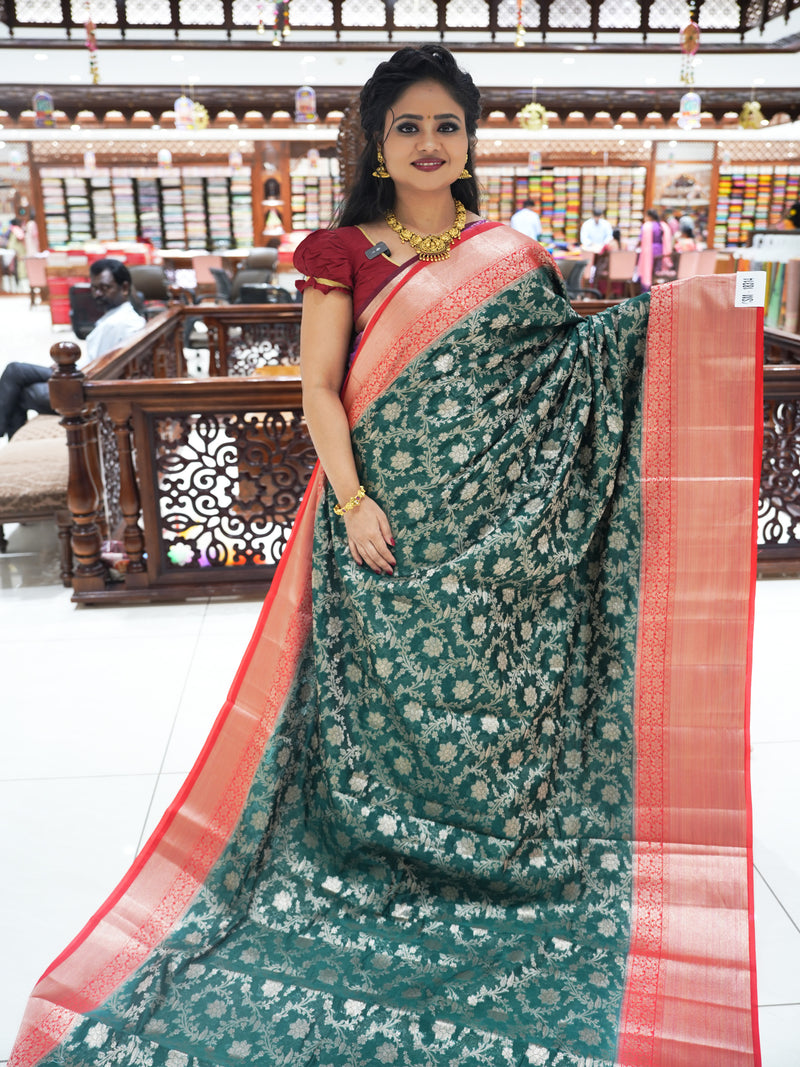 CSM-18314 | Bottle Green & Red Banaras Chanderi Silk Saree