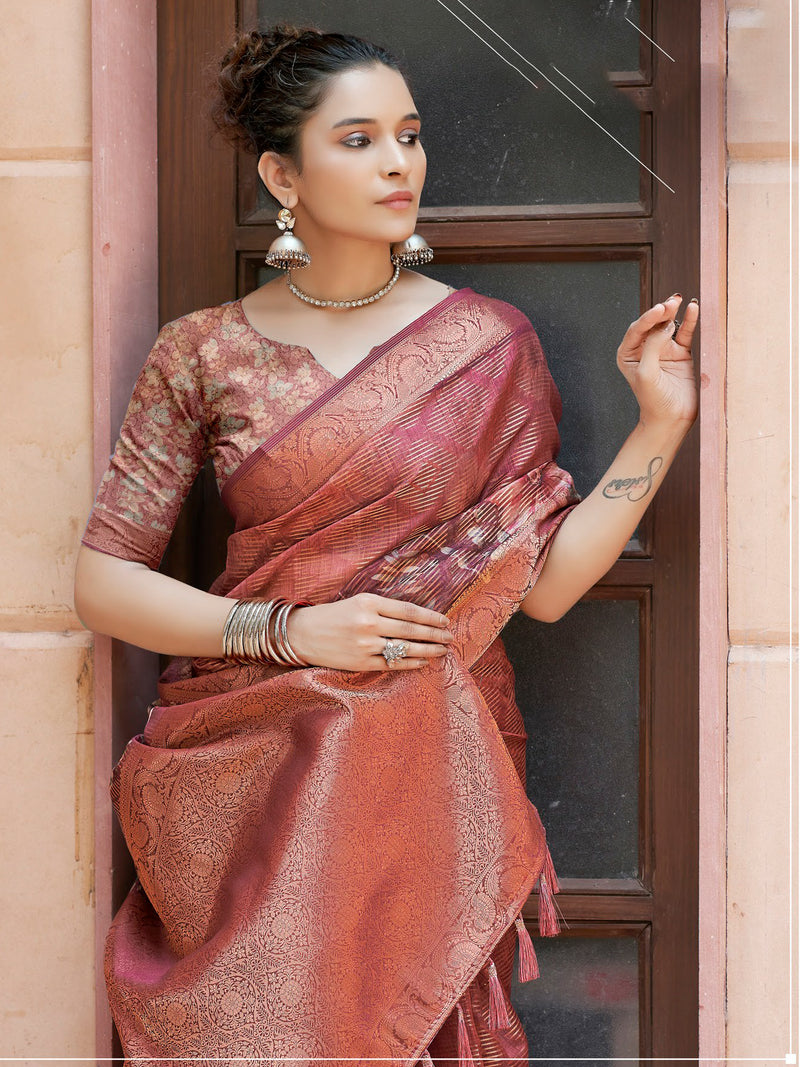 Wine Banaras Satin Saree