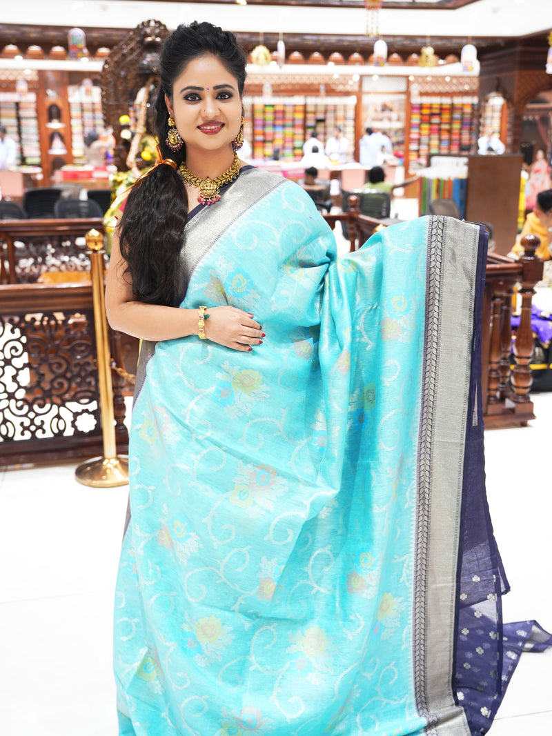 CSM-18103 | Sky Blue & Navy Chanderi Silk Saree