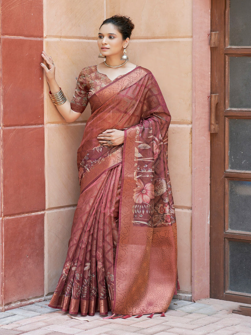 Wine Banaras Satin Saree