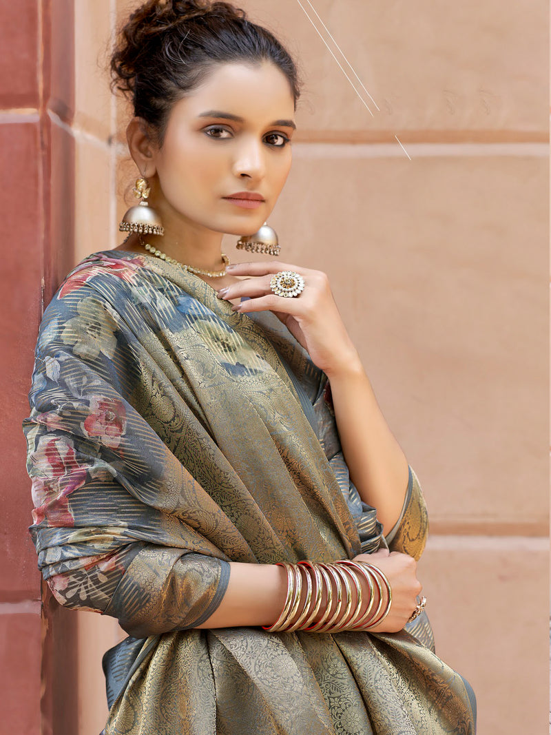 Grey Banaras Satin Saree