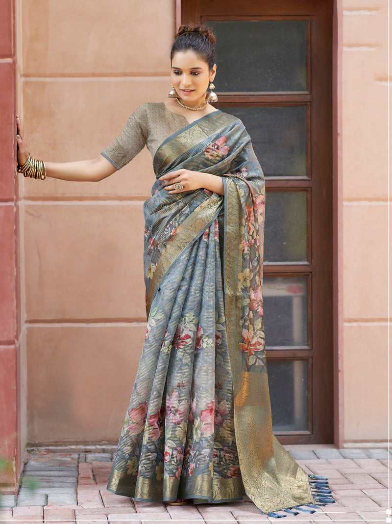 Grey Banaras Satin Saree