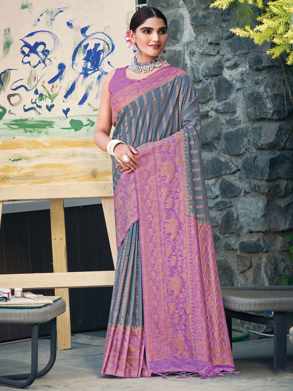 Grey & Purple Chanderi Silk Saree