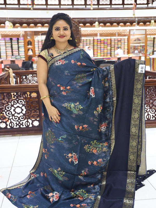 CSM-18642 | Grey & Black Floral Printed Soft Georgette  Saree