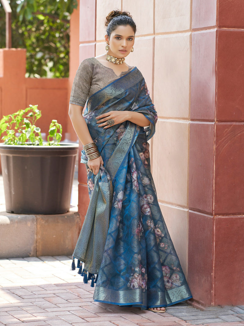 Peacock Blue Banaras Satin Saree