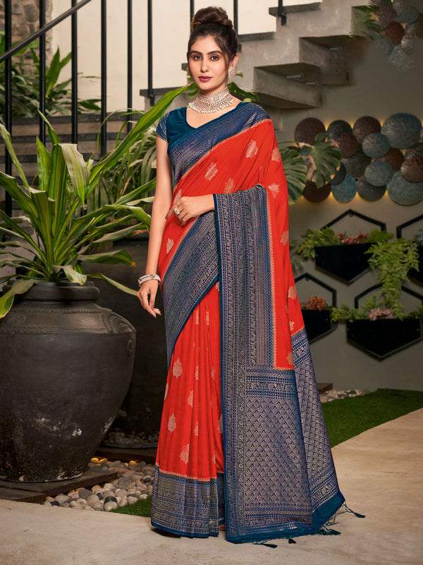 Red & Ink Blue Soft Raw Silk Saree