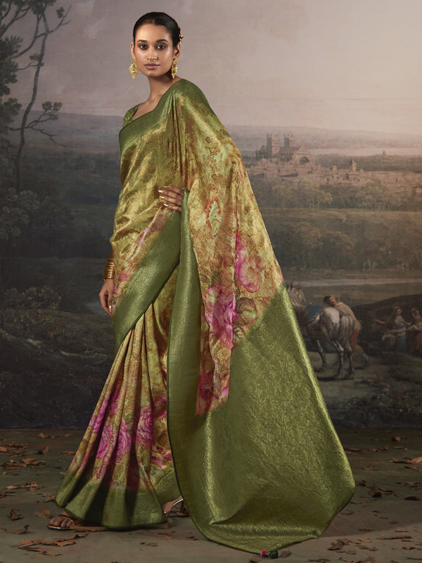 Cream & Mehandi Green Soft Banaras Silk Saree