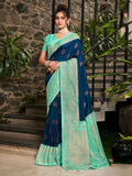 Red & Ink Blue Soft Raw Silk Saree