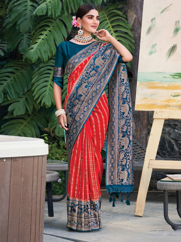 Red & Ink Blue Chanderi Silk Saree