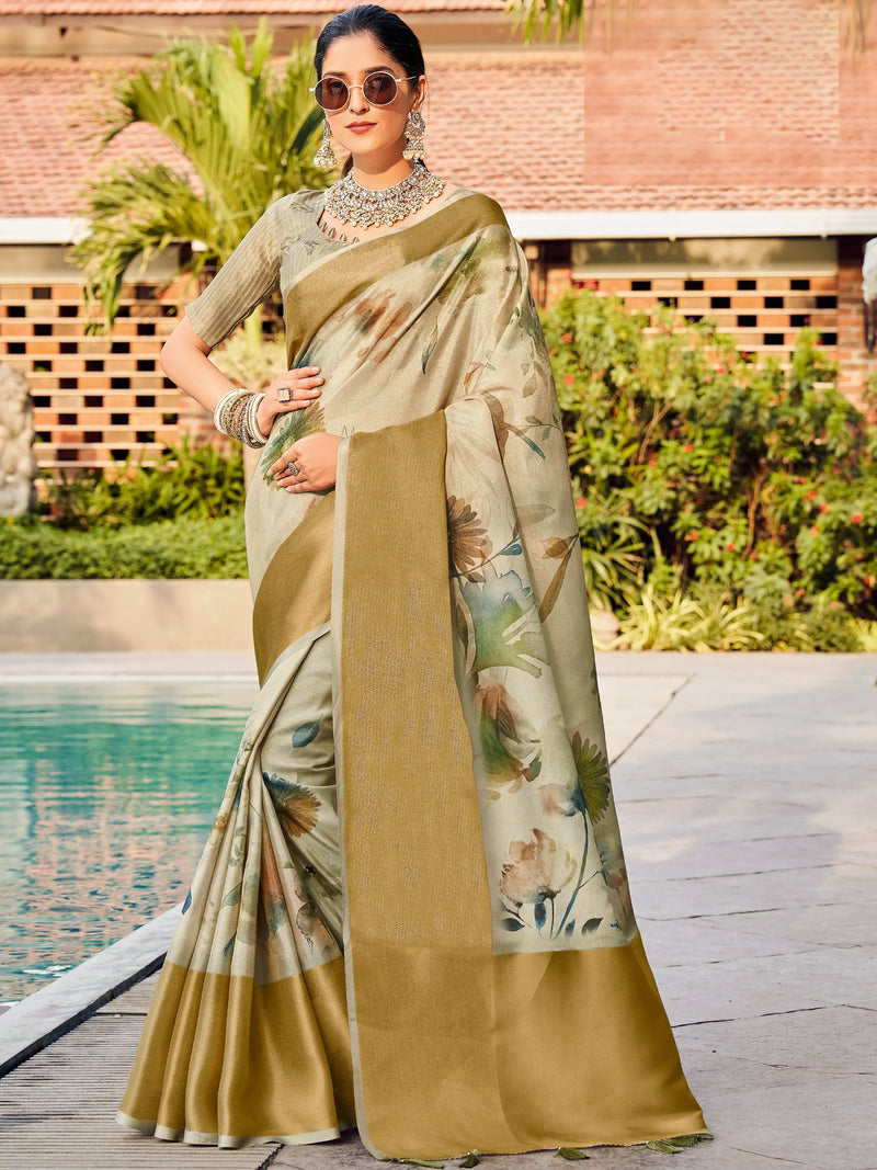 Off white Dola silk saree with allover floral print with  golden tissue border