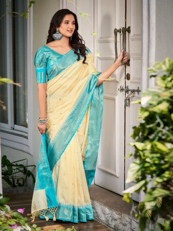 Cream & Skyblue Soft Banaras Silk Saree