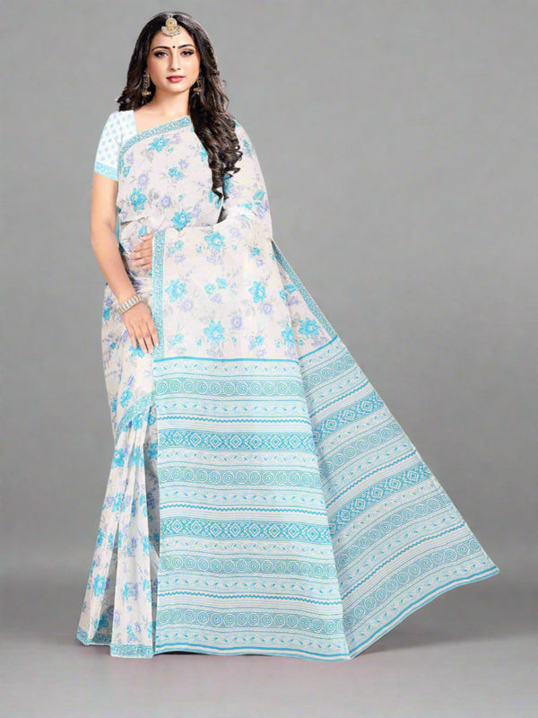 White & Sky Blue Cotton Saree