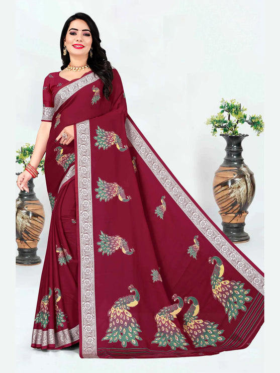 Maroon Georgette Saree With Allover Peacock Design